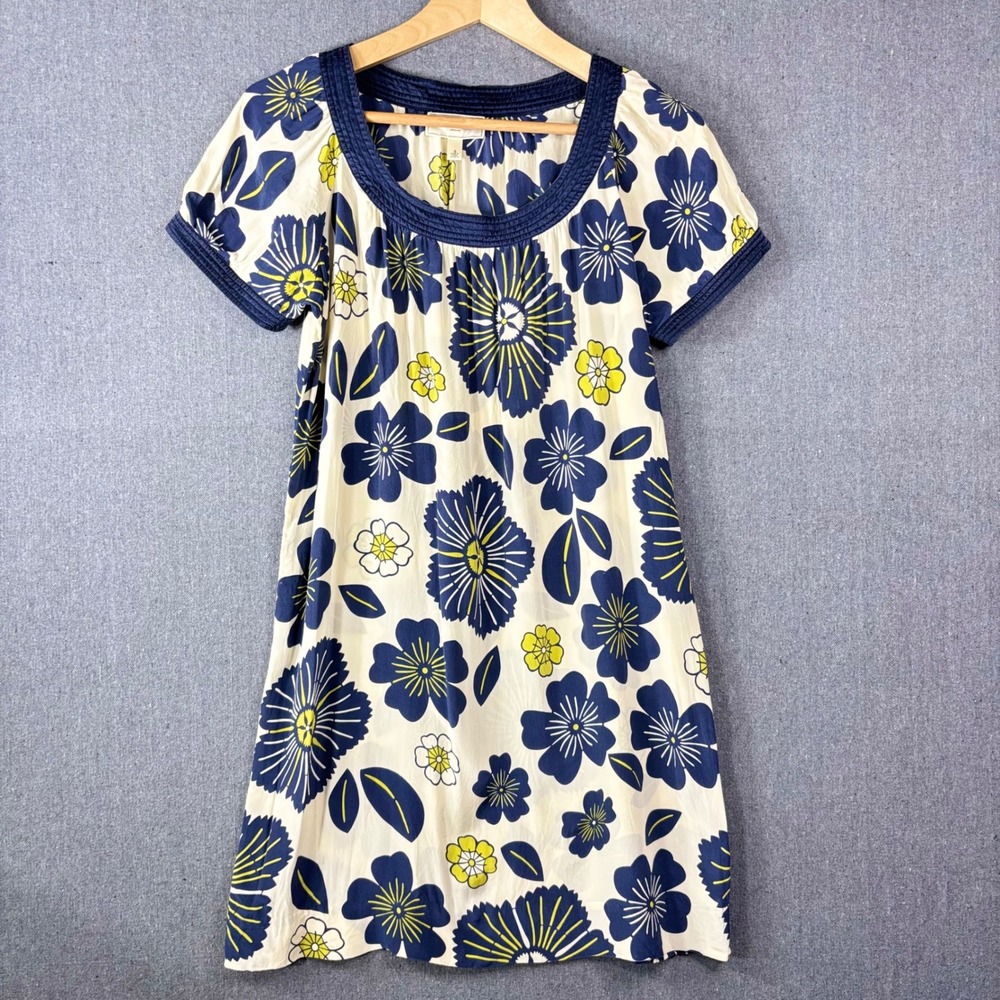 Moulinette Soeurs Dress Small Cream Navy Floral Silk Mini Scoop Neck Short Slv